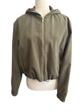 Zara Olive Green Bubble Bomber Zip Front Hoodie Jacket